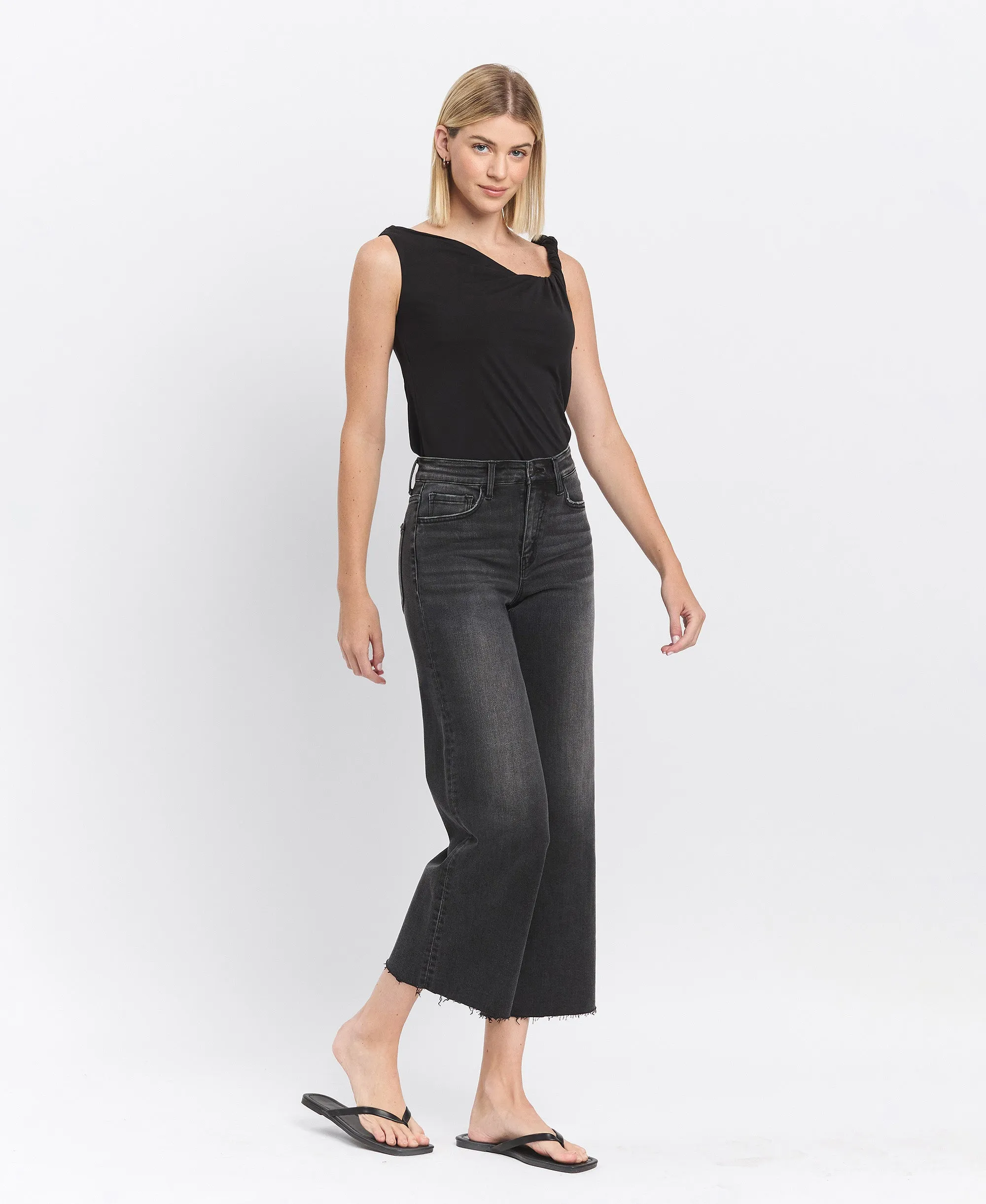 Acerbic - High Rise Clean Cut Raw Hem Crop Wide Leg Jeans