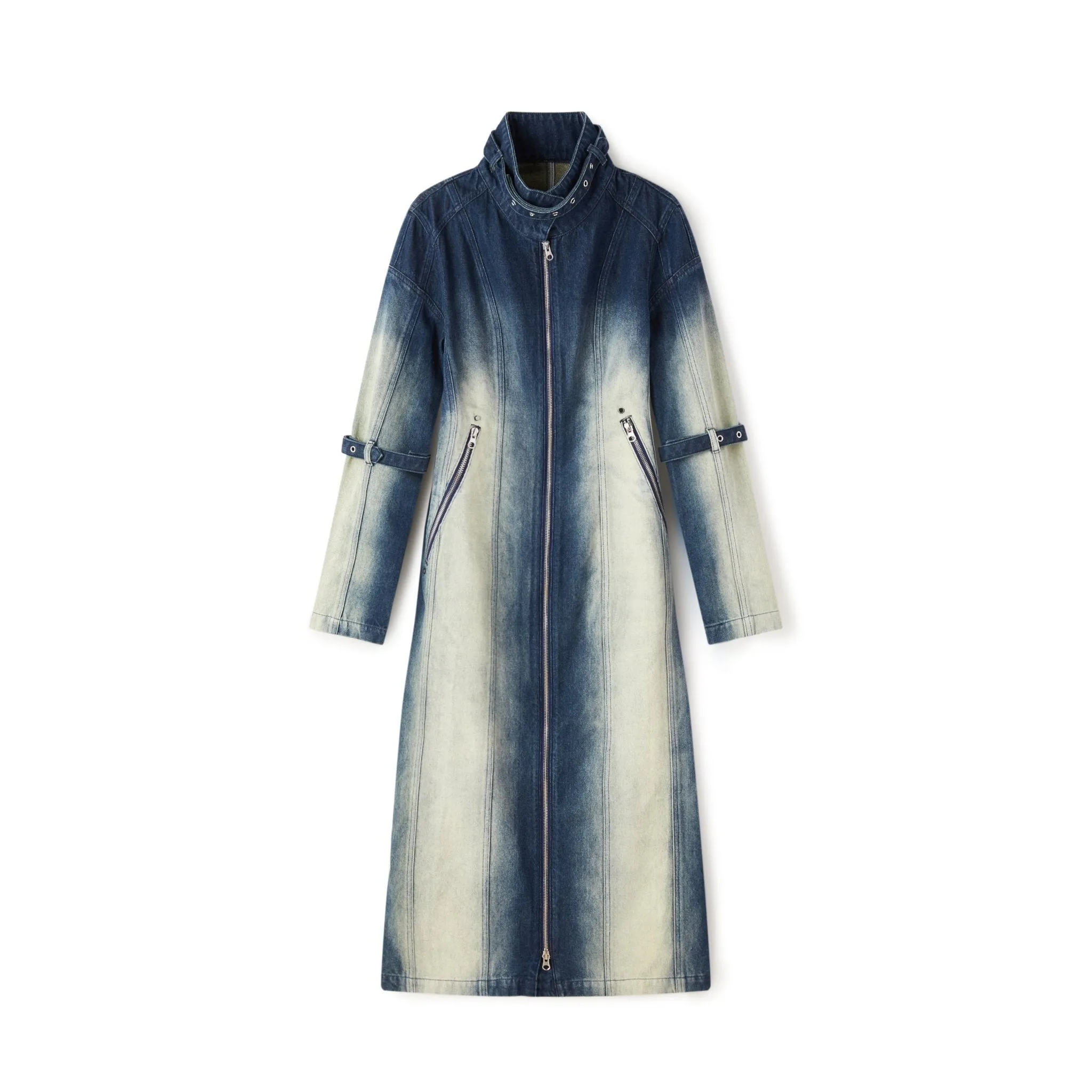 Acid-wash Denim Coat with Split-line Buckle