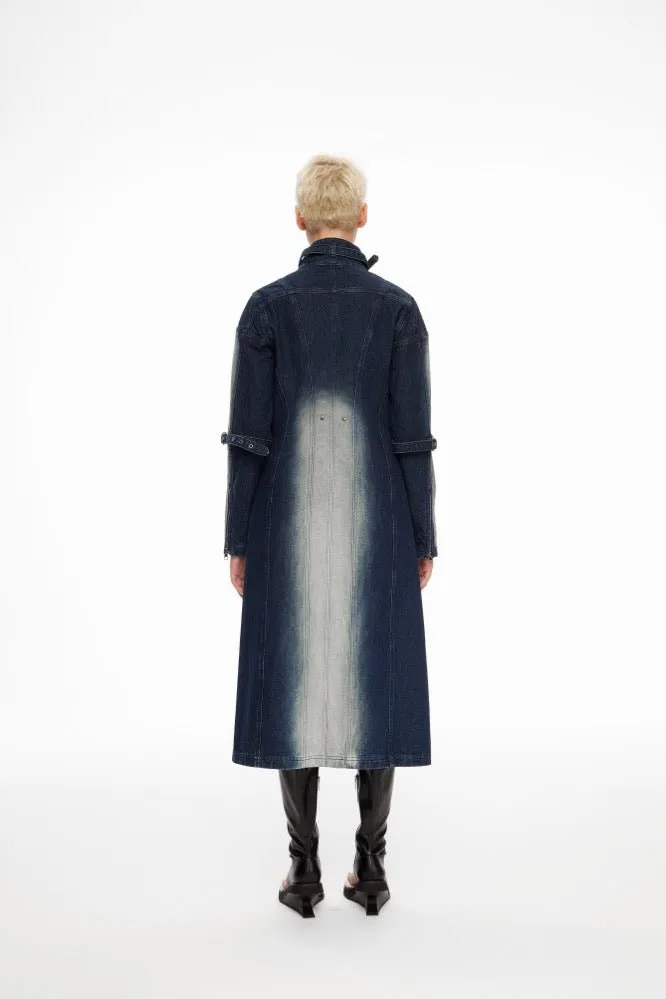 Acid-wash Denim Coat with Split-line Buckle