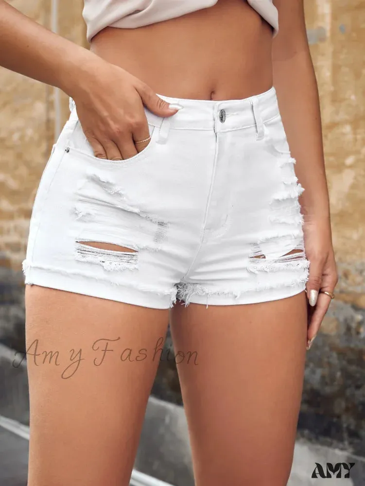 Amy Fashion - Ripped Raw Hem Ripped Denim Shorts