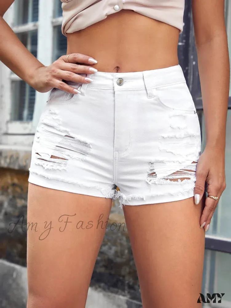 Amy Fashion - Ripped Raw Hem Ripped Denim Shorts