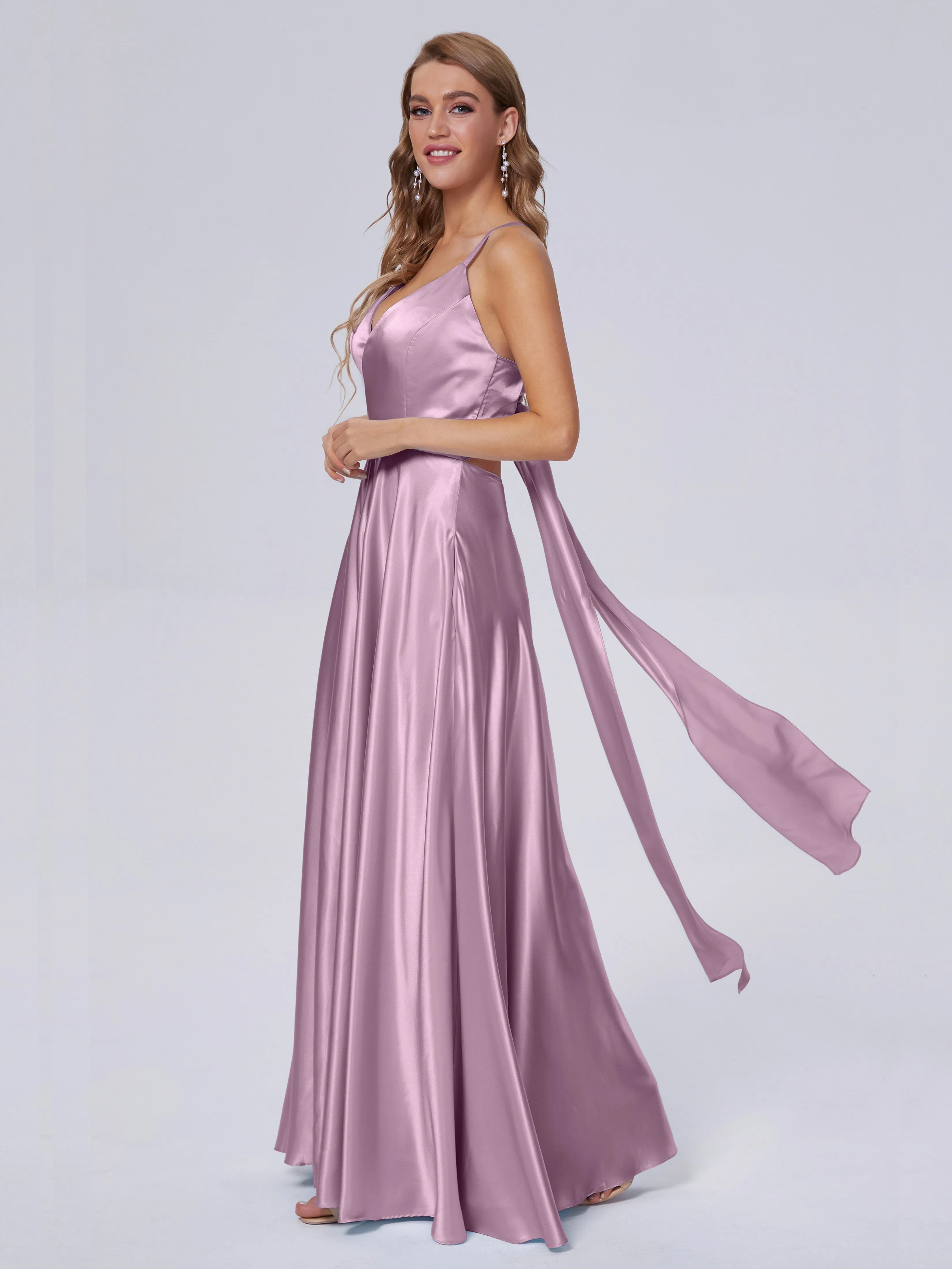 Ana Spaghetti Straps Bowknot Soft Satin Bridesmaid Dresses