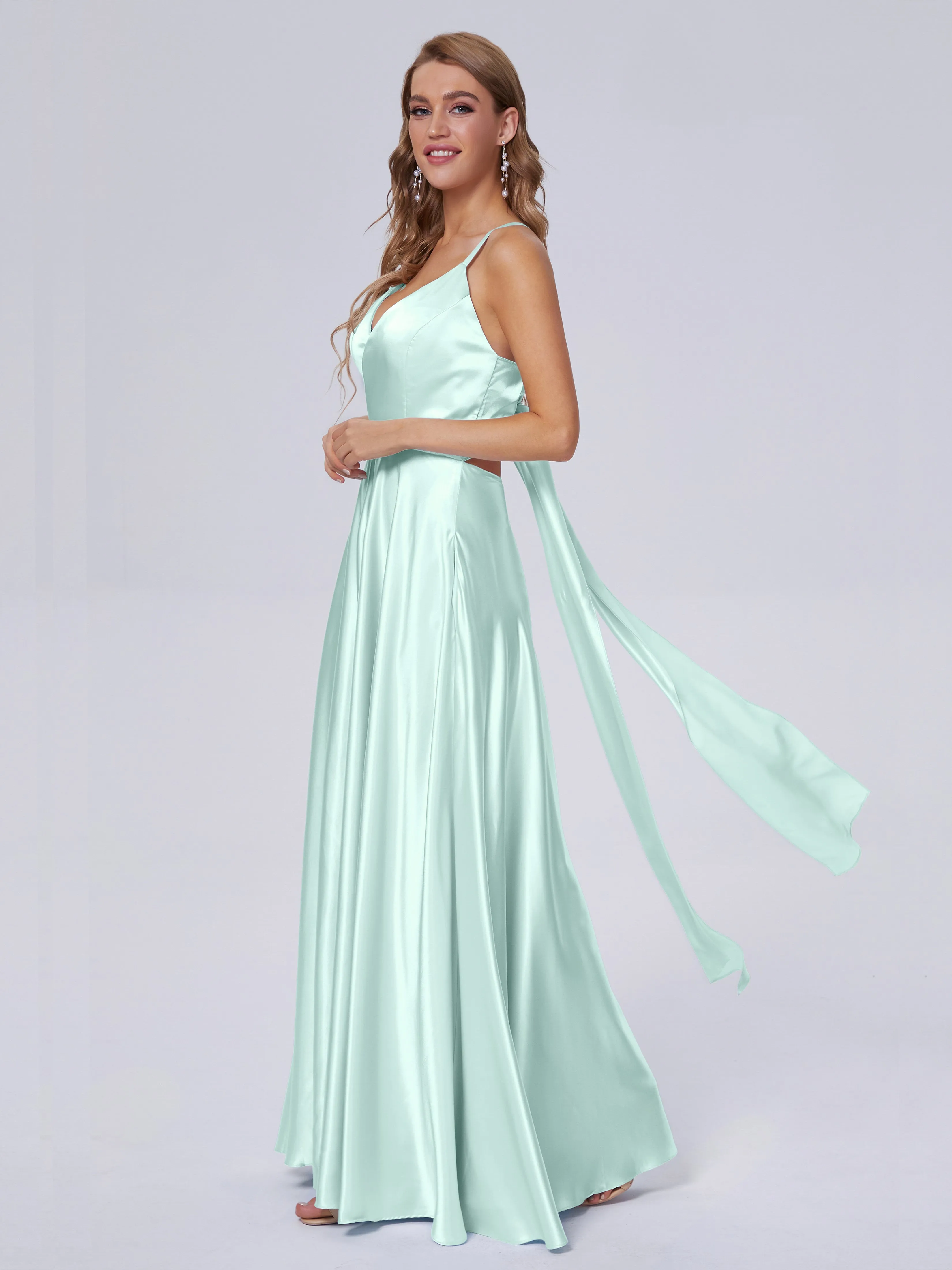 Ana Spaghetti Straps Bowknot Soft Satin Bridesmaid Dresses