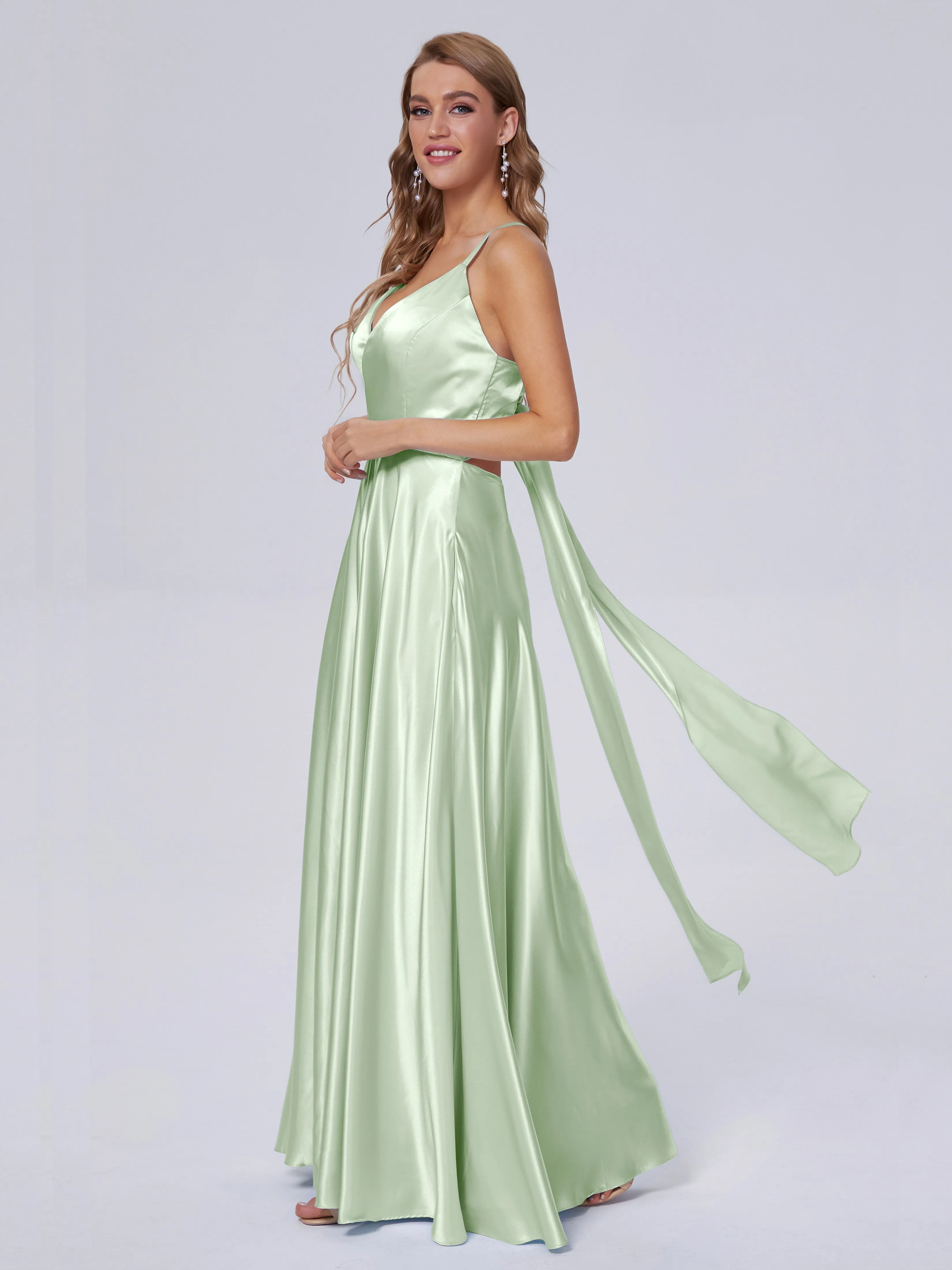 Ana Spaghetti Straps Bowknot Soft Satin Bridesmaid Dresses