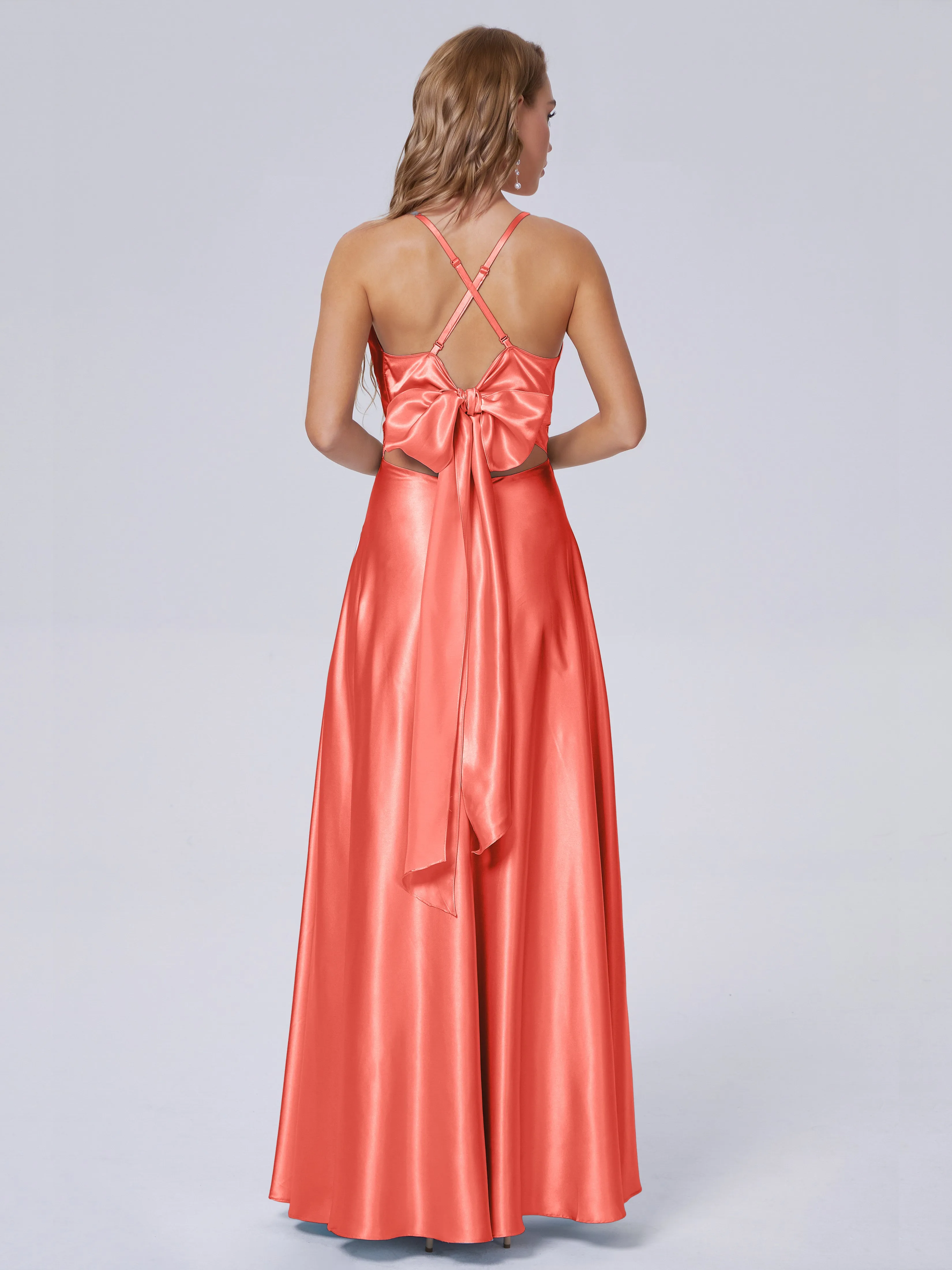 Ana Spaghetti Straps Bowknot Soft Satin Bridesmaid Dresses