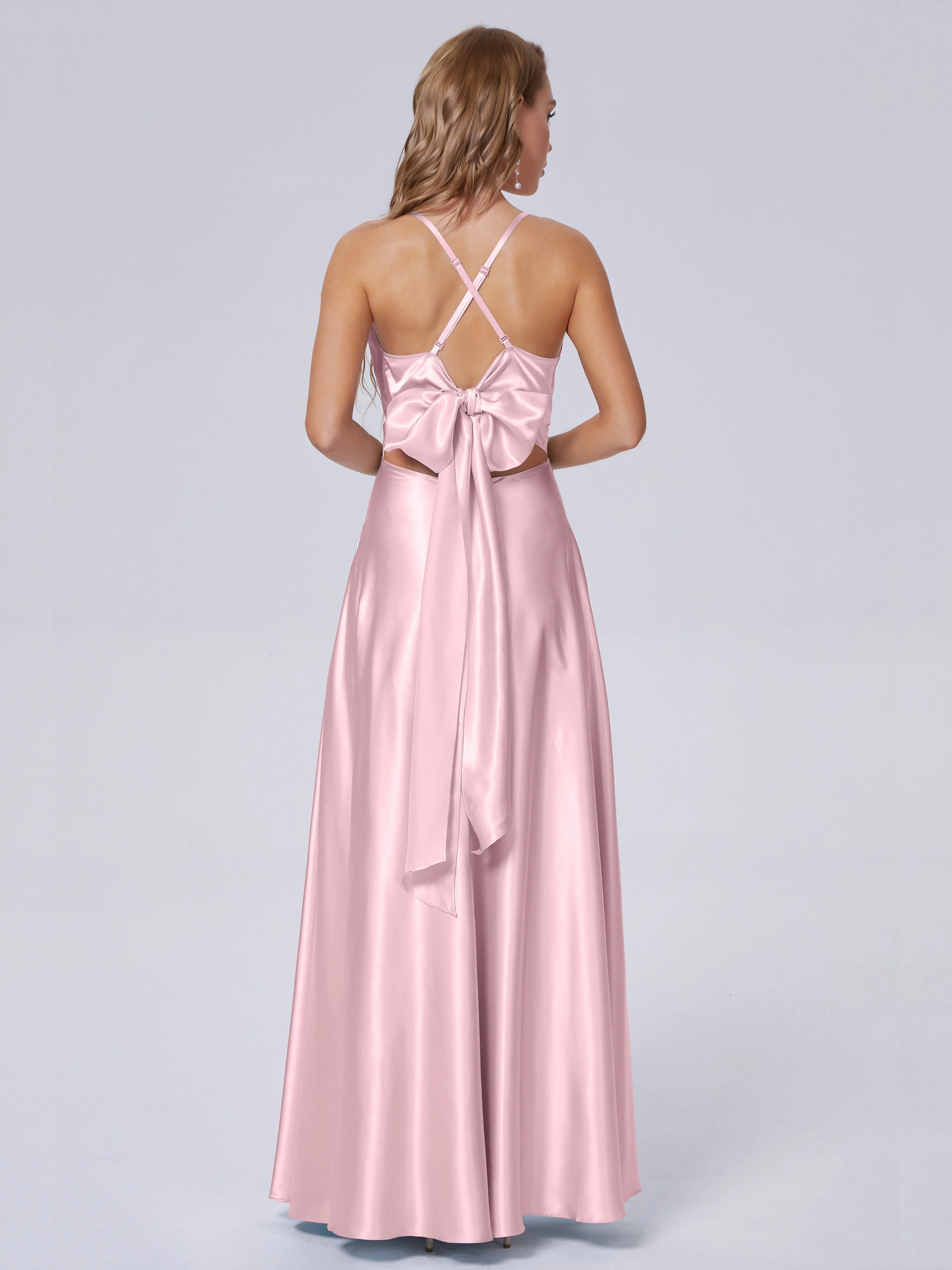 Ana Spaghetti Straps Bowknot Soft Satin Bridesmaid Dresses