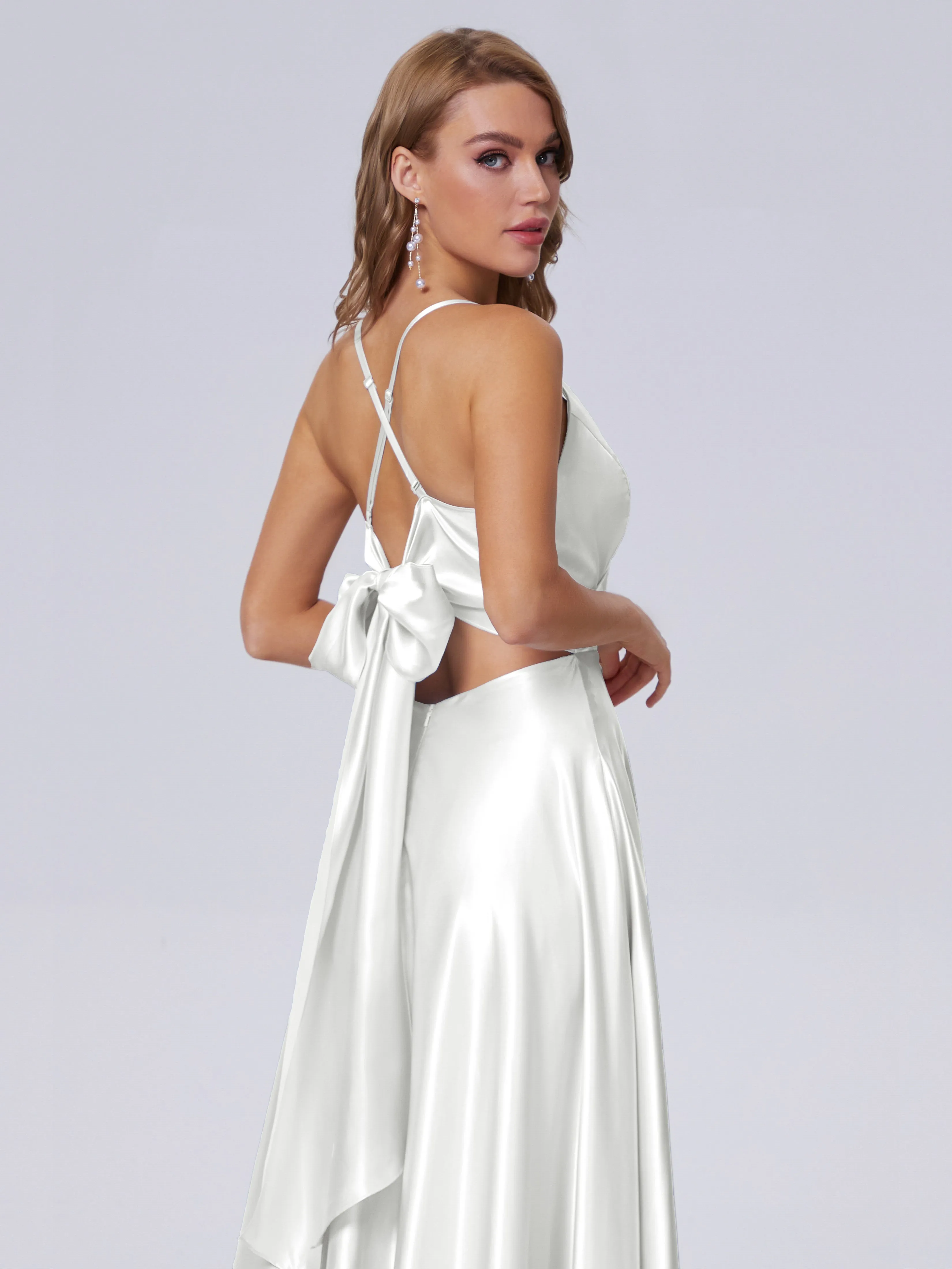 Ana Spaghetti Straps Bowknot Soft Satin Bridesmaid Dresses