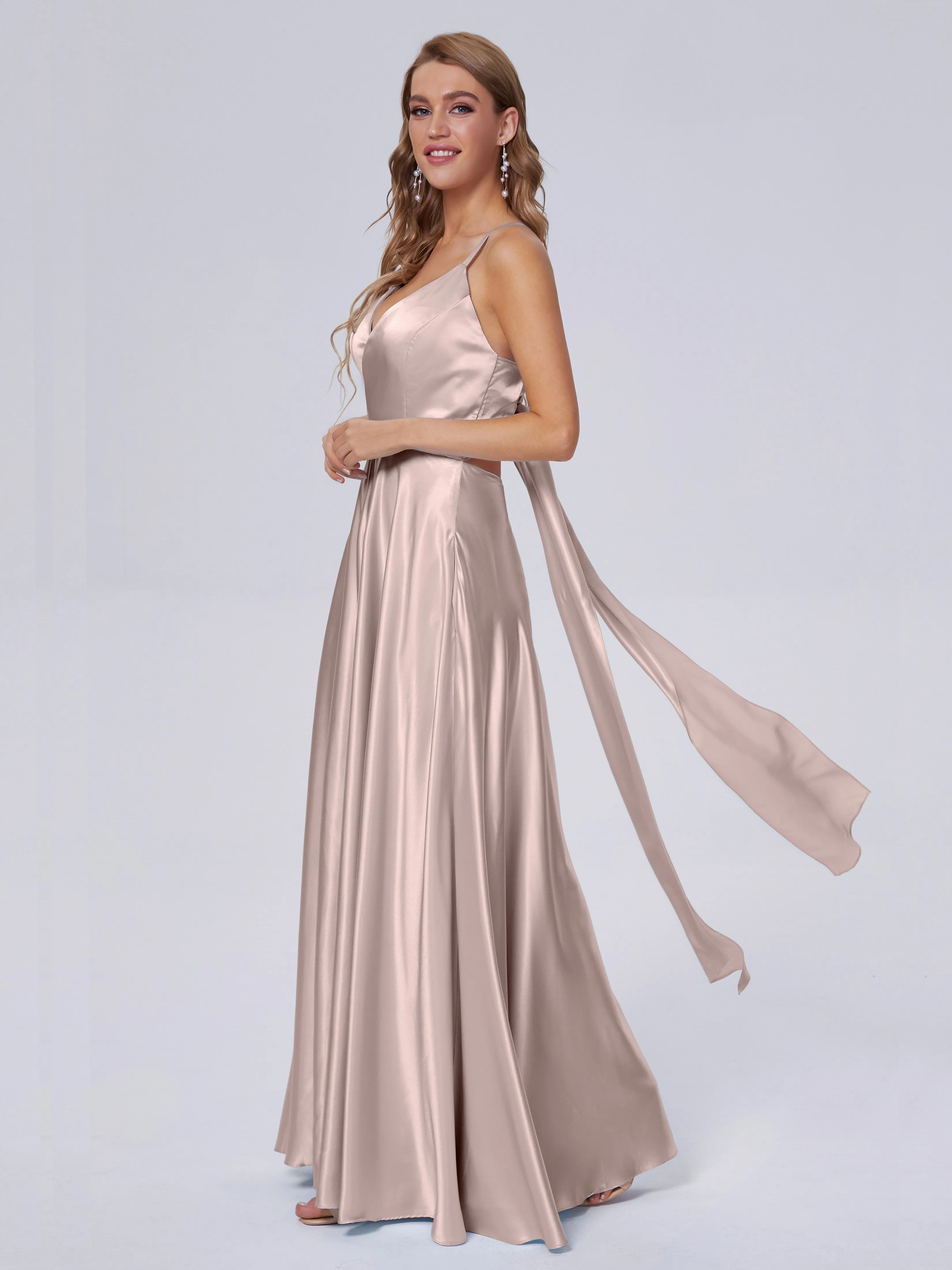 Ana Spaghetti Straps Bowknot Soft Satin Bridesmaid Dresses