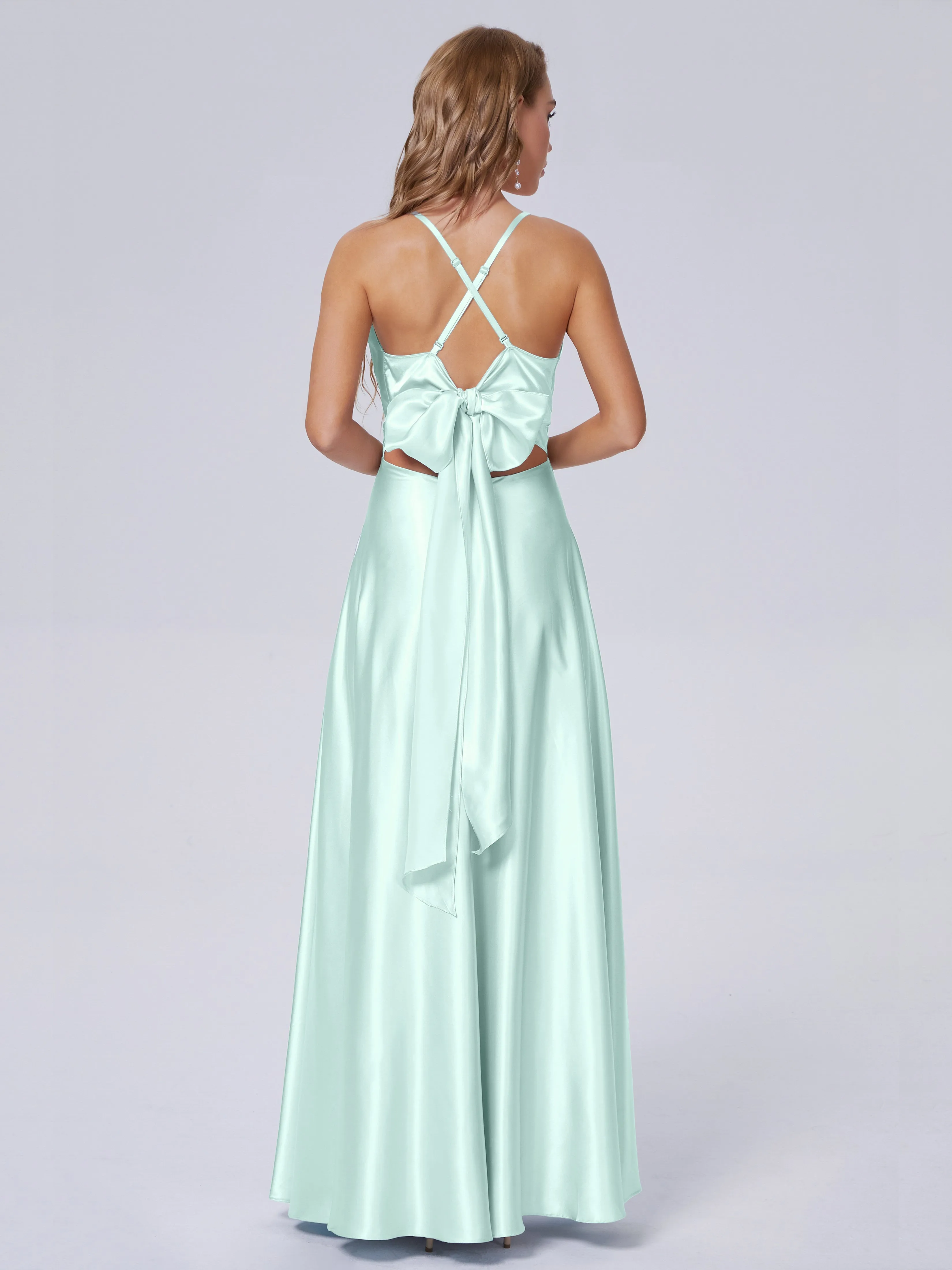 Ana Spaghetti Straps Bowknot Soft Satin Bridesmaid Dresses