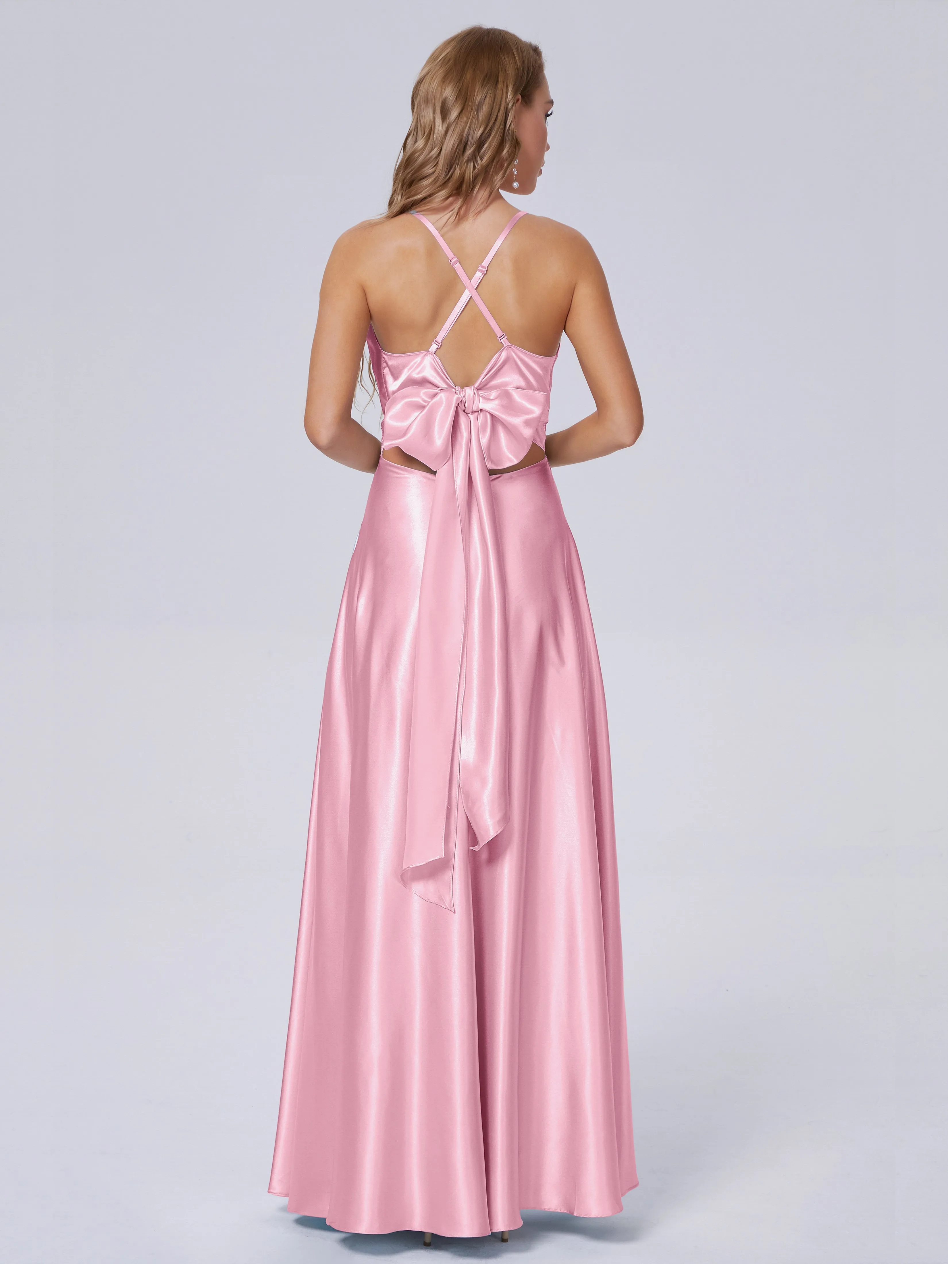 Ana Spaghetti Straps Bowknot Soft Satin Bridesmaid Dresses