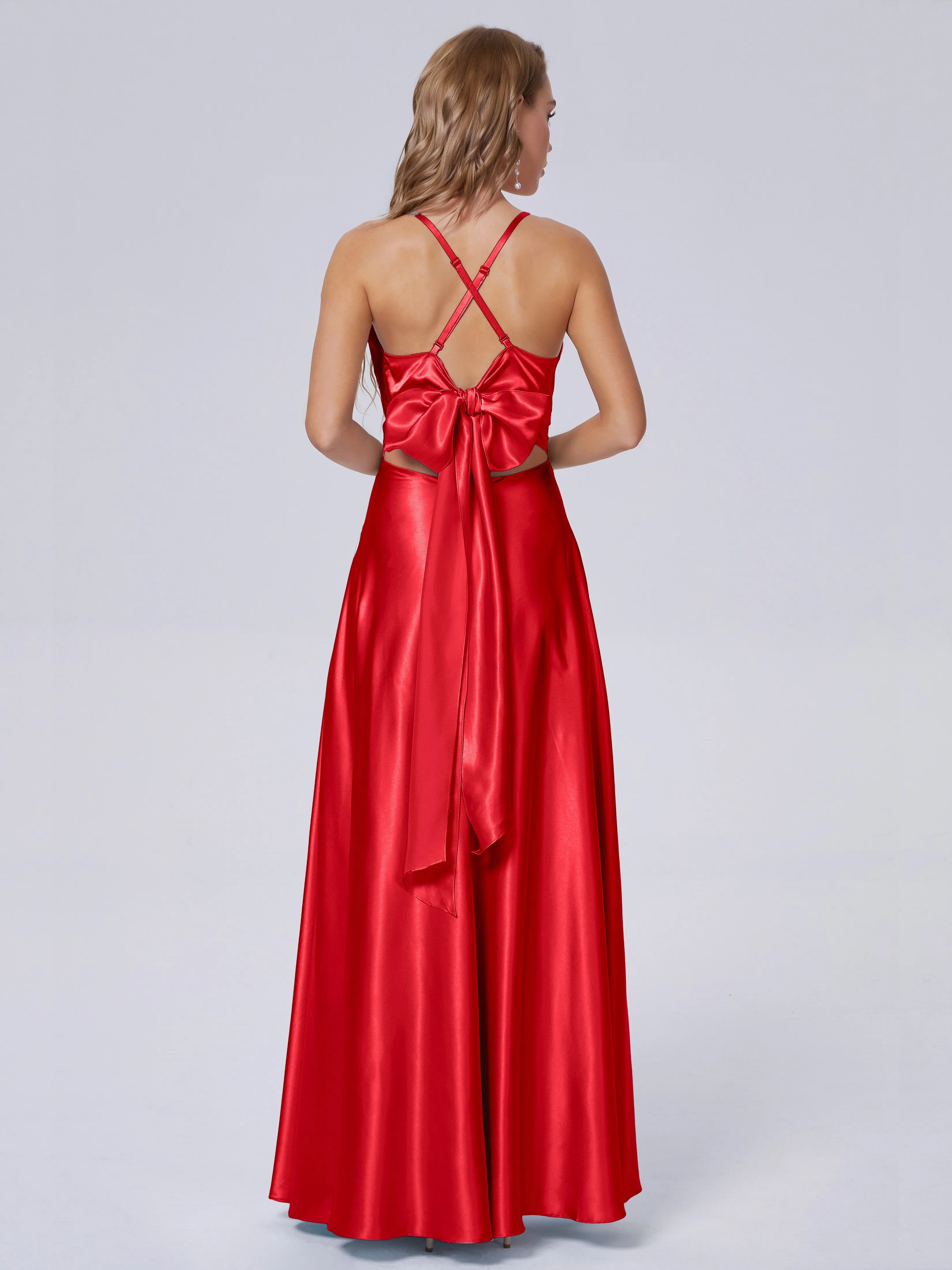 Ana Spaghetti Straps Bowknot Soft Satin Bridesmaid Dresses