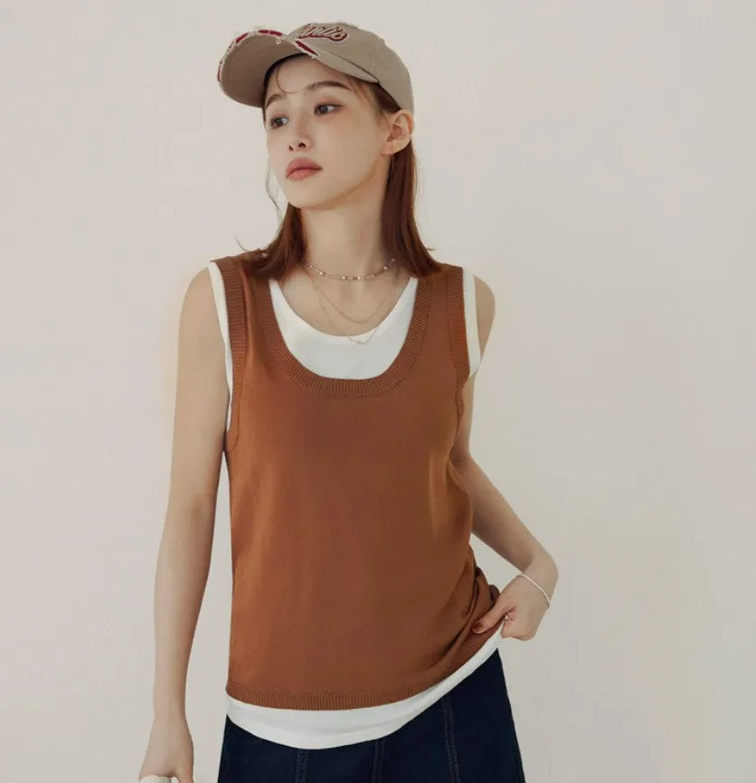 Basic Solid Knit Two Piece Colorblock Sleeveless Tank Top