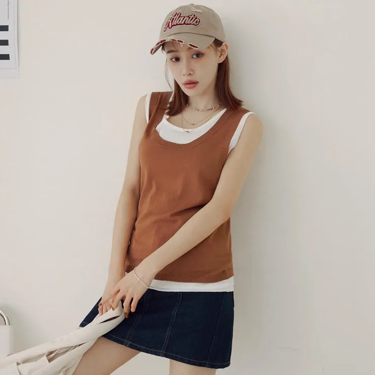 Basic Solid Knit Two Piece Colorblock Sleeveless Tank Top