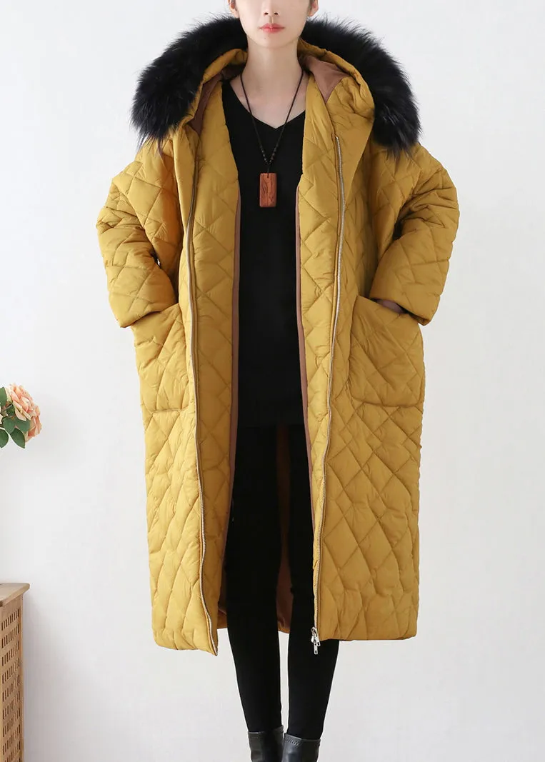 Beautiful Yellow Zippered Warm Hooded Long Parka Winter