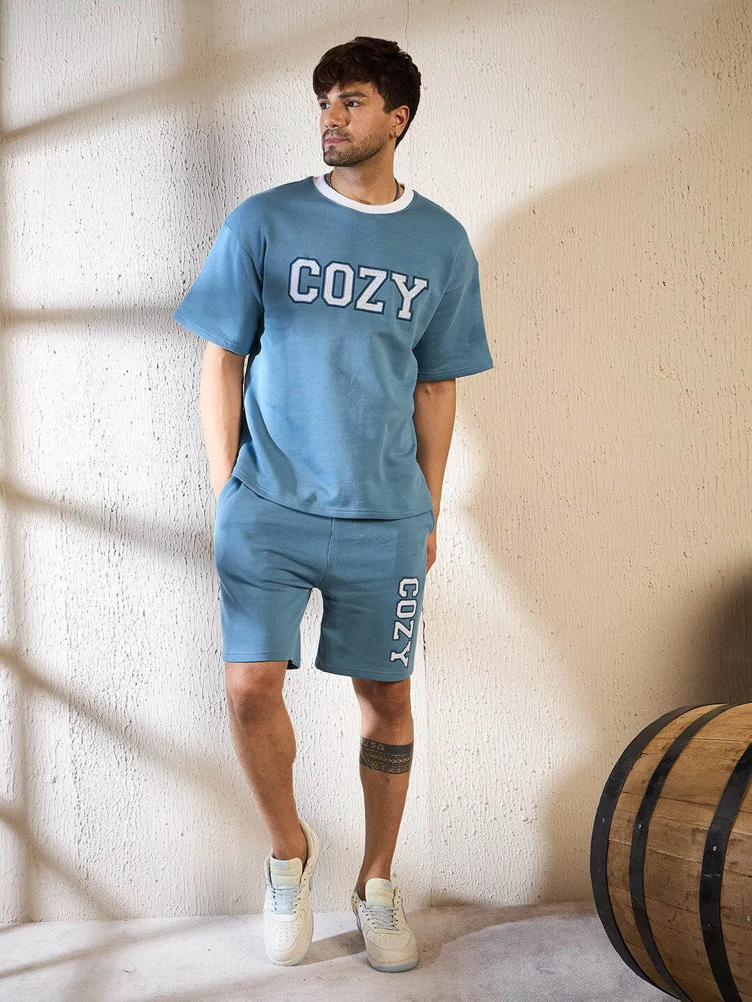 Blue Cozy Embroidered Oversized Tshirt & Shorts Clothing set