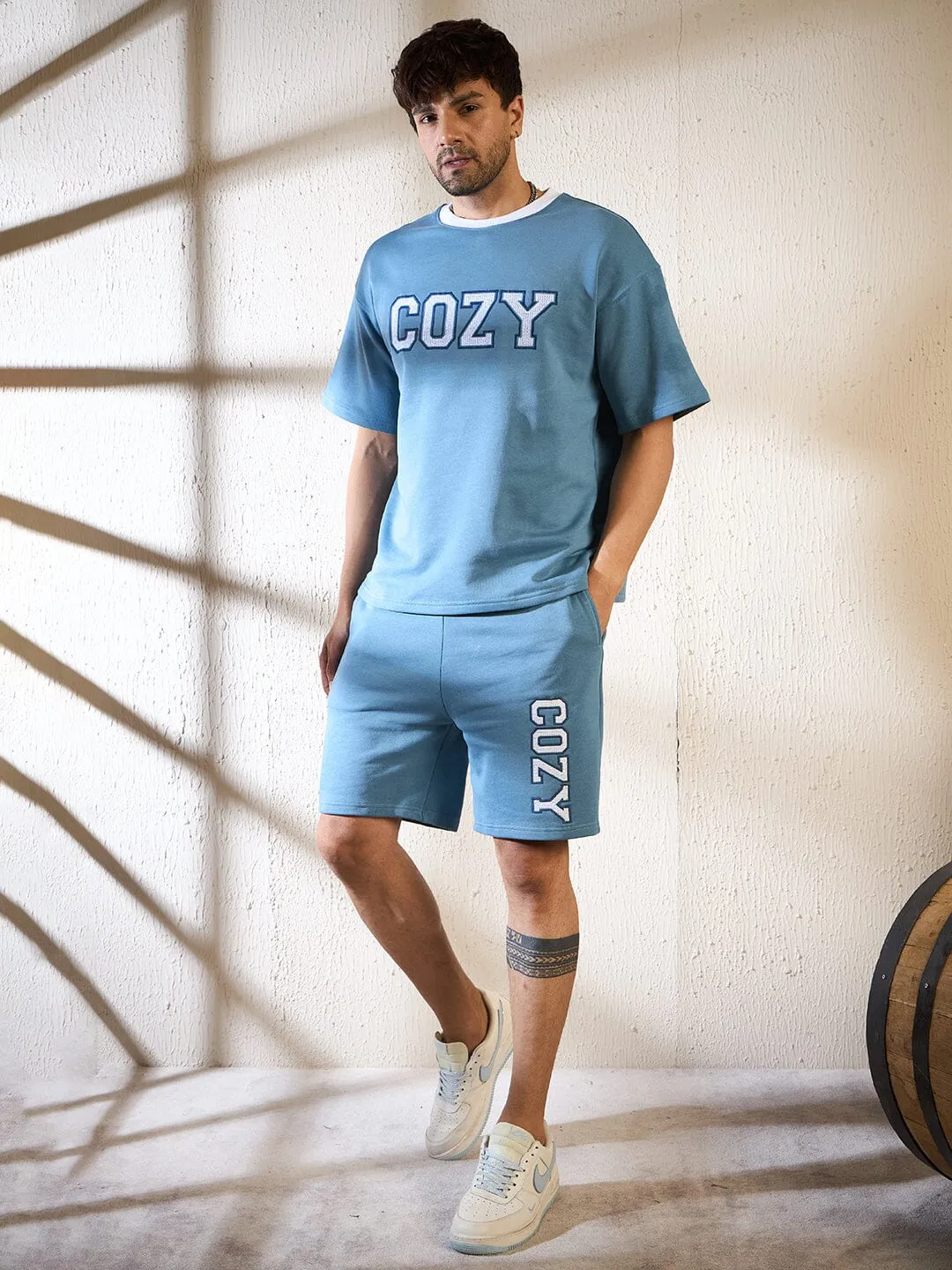 Blue Cozy Embroidered Oversized Tshirt & Shorts Clothing set