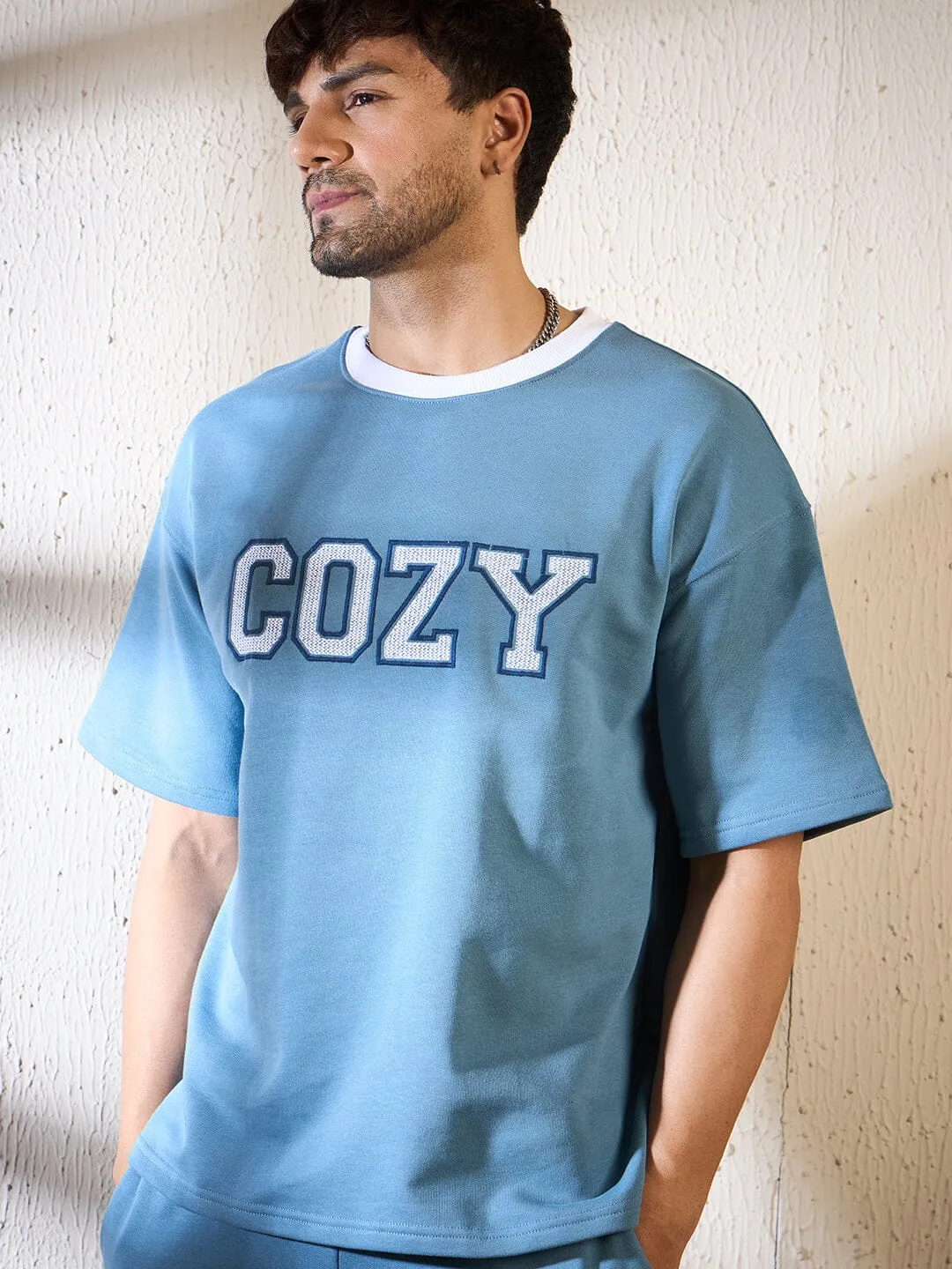 Blue Cozy Embroidered Oversized Tshirt & Shorts Clothing set