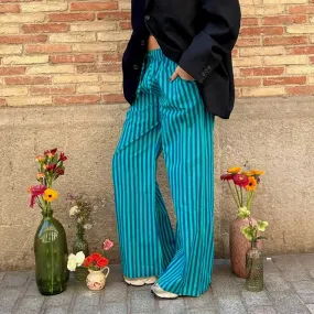 Bonnyshow Women's Y2K Vintage Summer Baggy Long Pants Drawstring Elastic Low Waist Wide Leg Striped Trousers with 2 Pockets