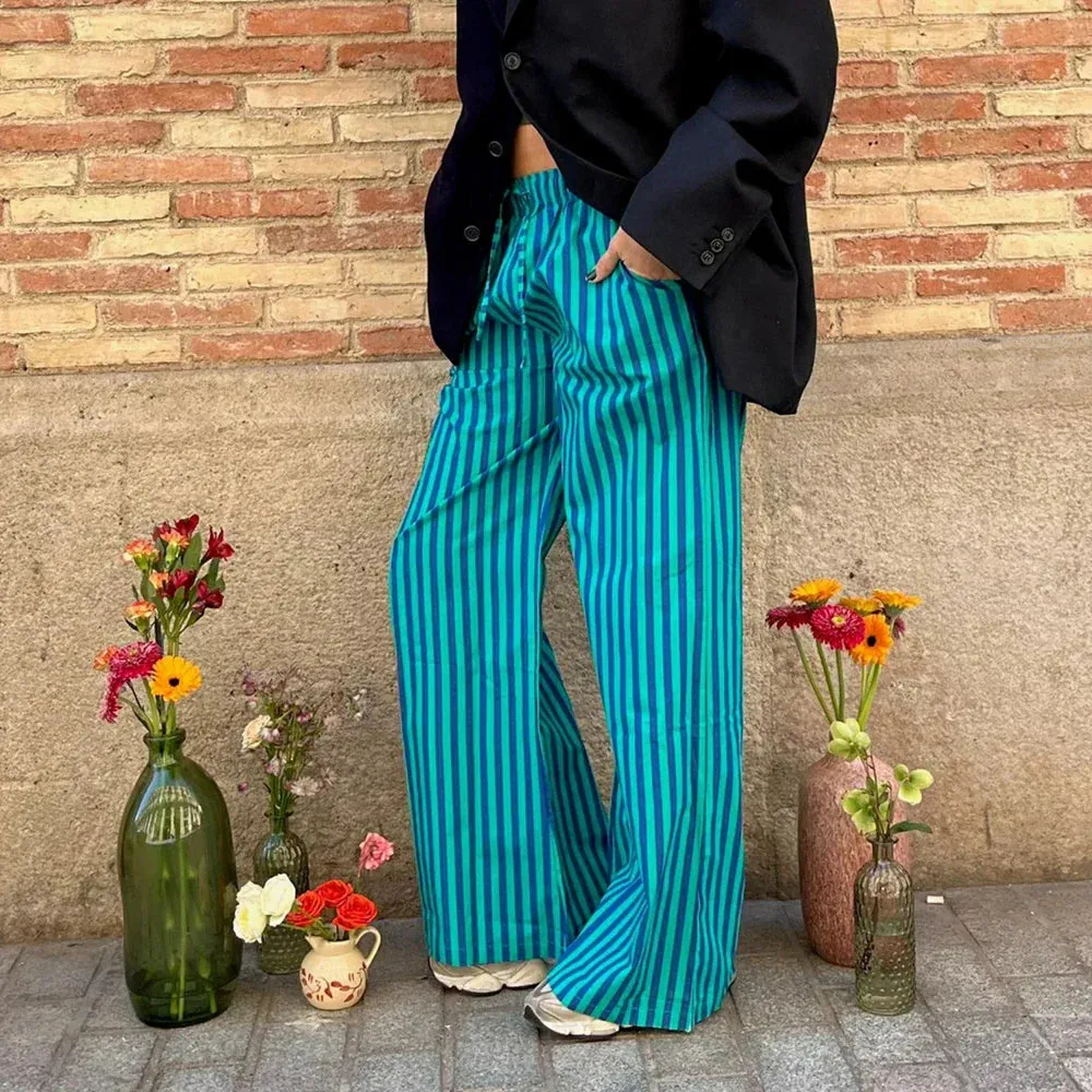 Bonnyshow Women's Y2K Vintage Summer Baggy Long Pants Drawstring Elastic Low Waist Wide Leg Striped Trousers with 2 Pockets