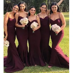 Burgundy Mermaid Spaghetti Straps Cheap Long Bridesmaid Dresses,WG1320