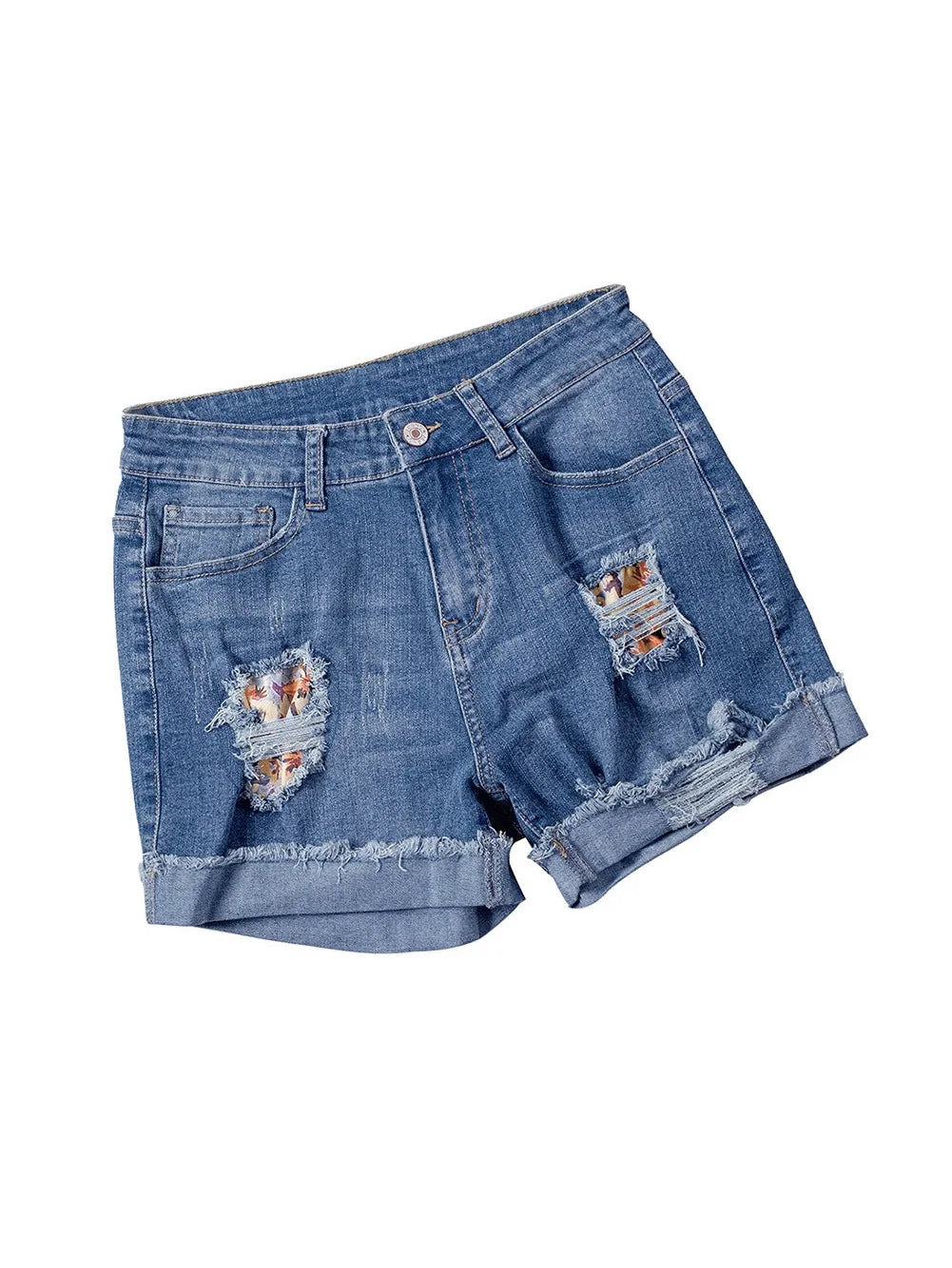 Button-Fly Denim Shorts with Floral AppliquÃ©