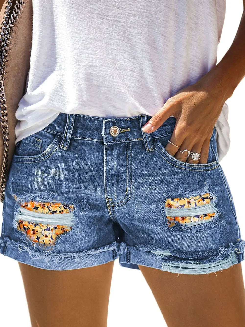 Button-Fly Denim Shorts with Floral AppliquÃ©