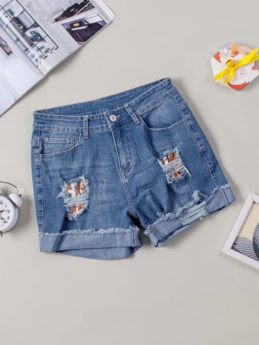 Button-Fly Denim Shorts with Floral AppliquÃ©