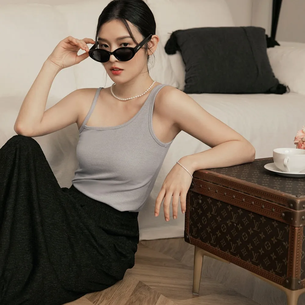 Casual Basic Solid One Shoulder Strap Tank Top