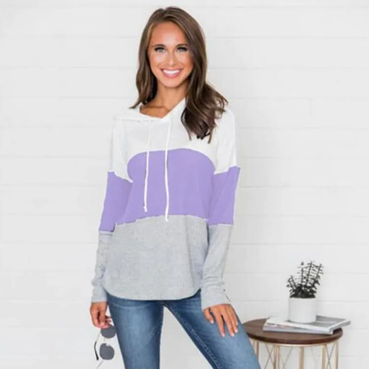 Casual Pullover Drawstring Loose Colorblock Long Hoodie