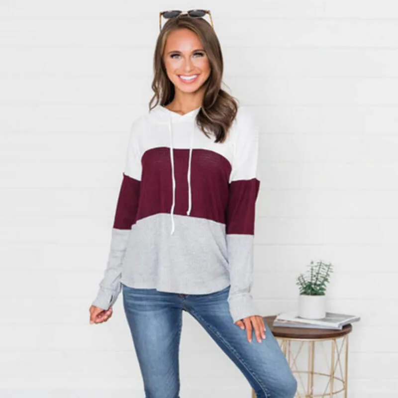 Casual Pullover Drawstring Loose Colorblock Long Hoodie