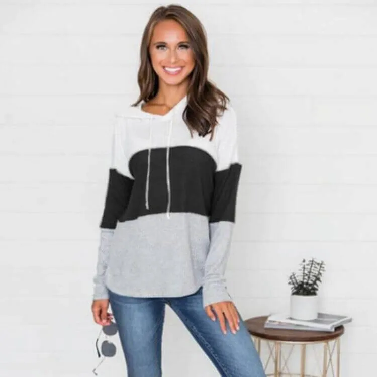 Casual Pullover Drawstring Loose Colorblock Long Hoodie