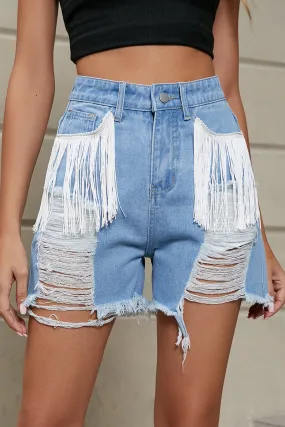 Casual Simplicity Solid Tassel Ripped Straight Denim Shorts