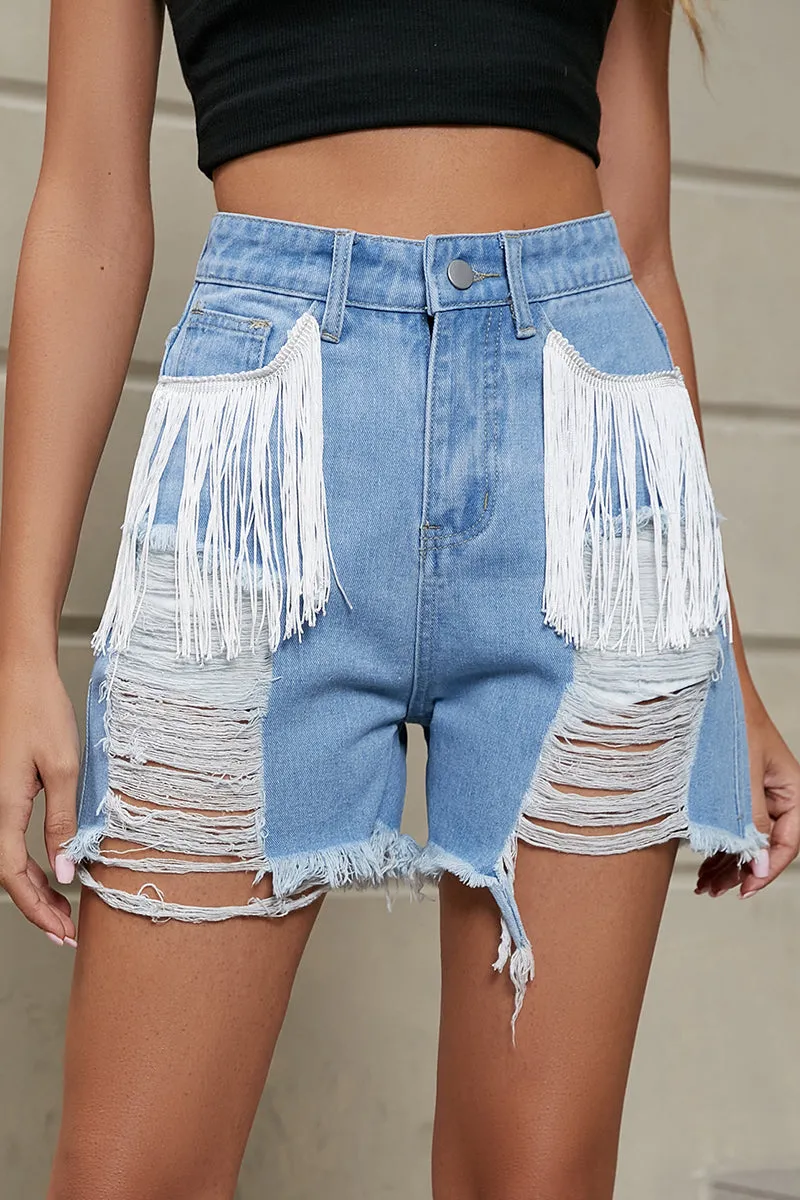 Casual Simplicity Solid Tassel Ripped Straight Denim Shorts