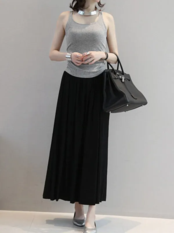 Casual Solid Color Elasticity Waist Pleated Skirts