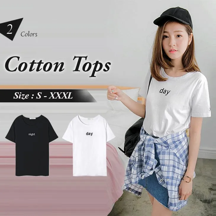 DAY AND NIGHT LETTER EMBROIDERED PLAIN COTTON TOPS