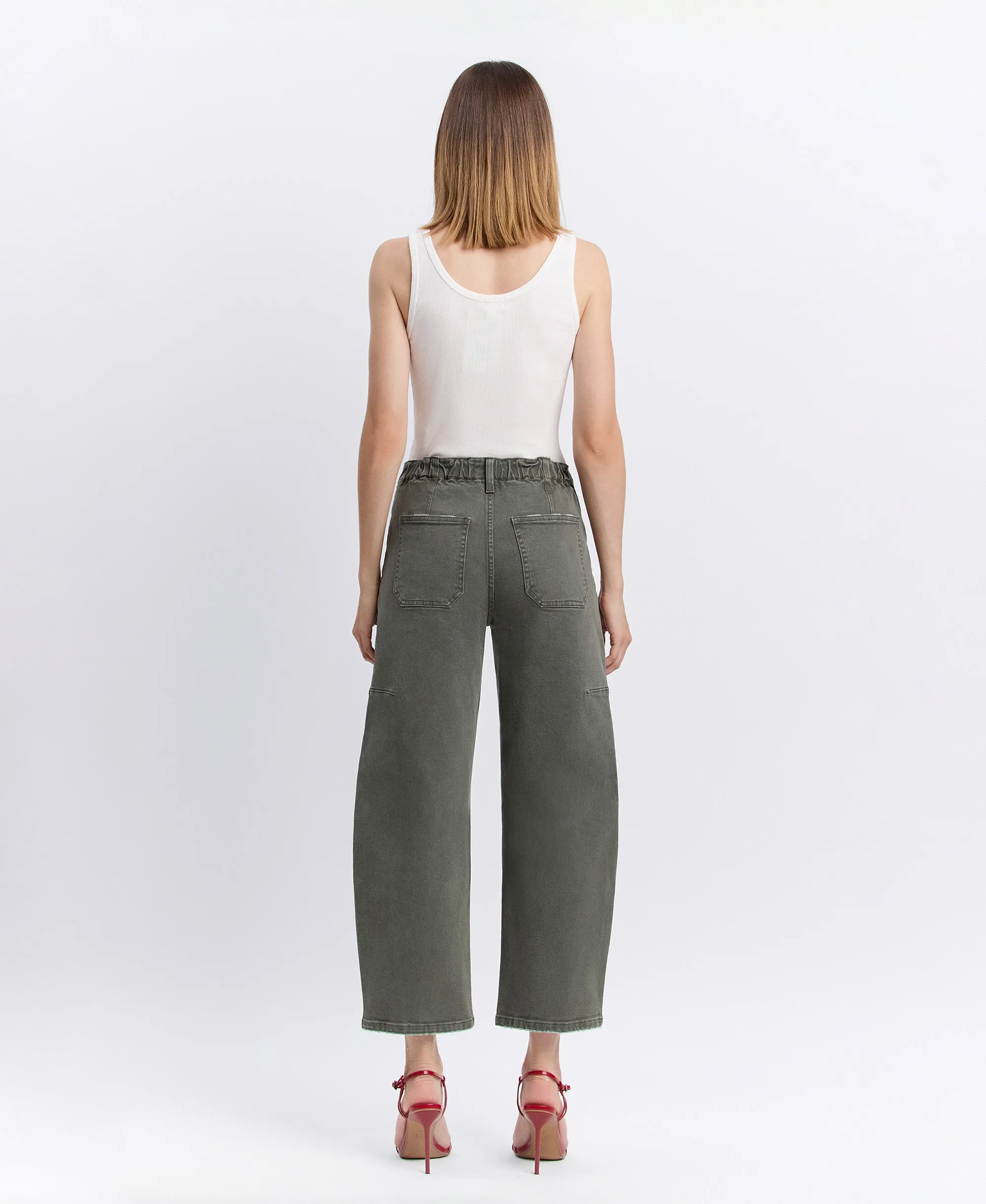 Deep Forrest - Super High Rise Elastic Band Barrel Leg Jeans