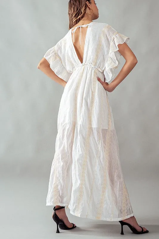 Deep V Neck Lace Embroidery Maxi Dress Ivory