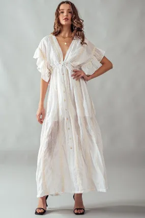 Deep V Neck Lace Embroidery Maxi Dress Ivory