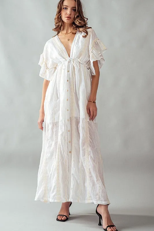 Deep V Neck Lace Embroidery Maxi Dress Ivory