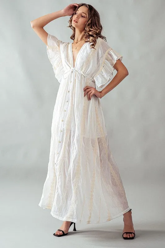 Deep V Neck Lace Embroidery Maxi Dress Ivory