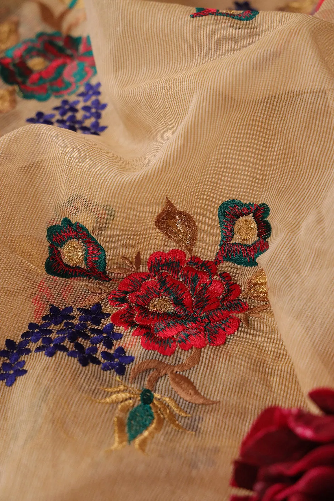 Elegant Multi Colour Floral Embroidery on Beige Kota Doria Net Fabric