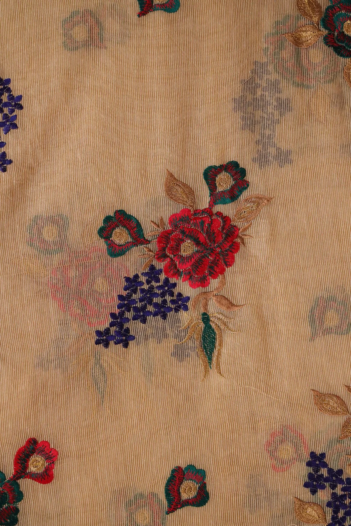 Elegant Multi Colour Floral Embroidery on Beige Kota Doria Net Fabric