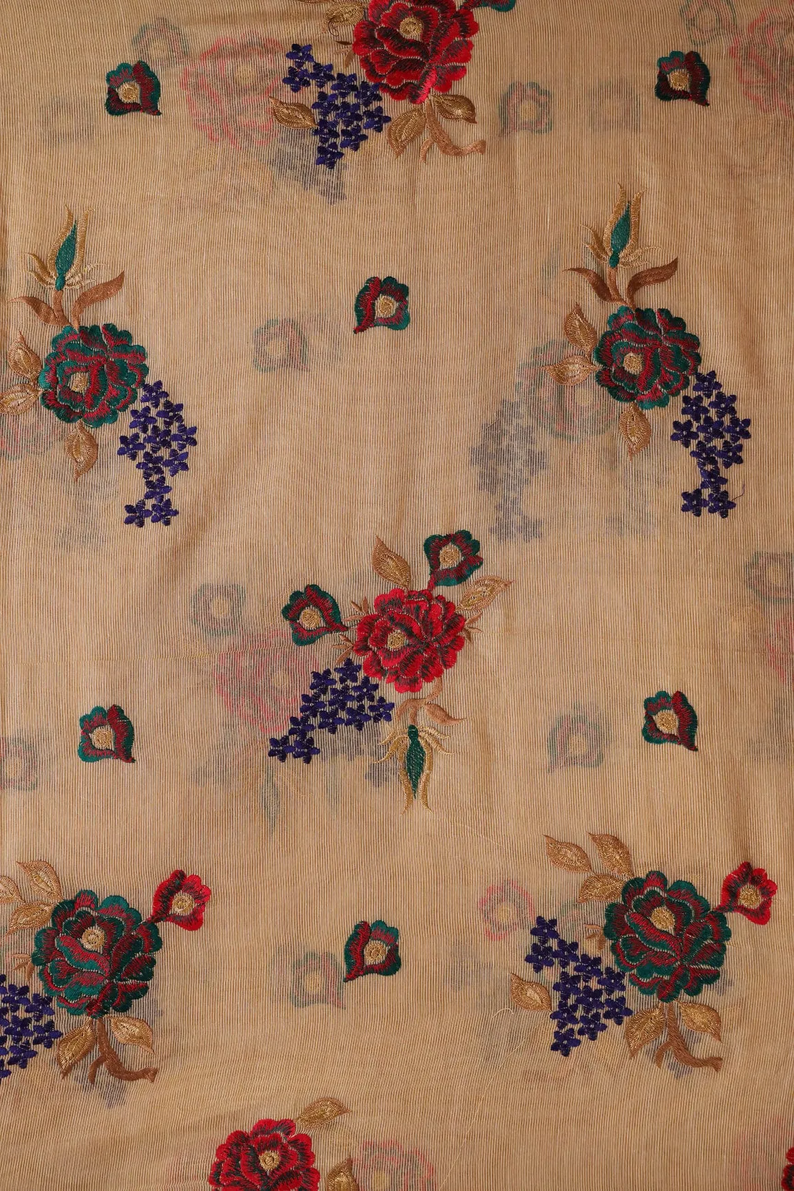 Elegant Multi Colour Floral Embroidery on Beige Kota Doria Net Fabric