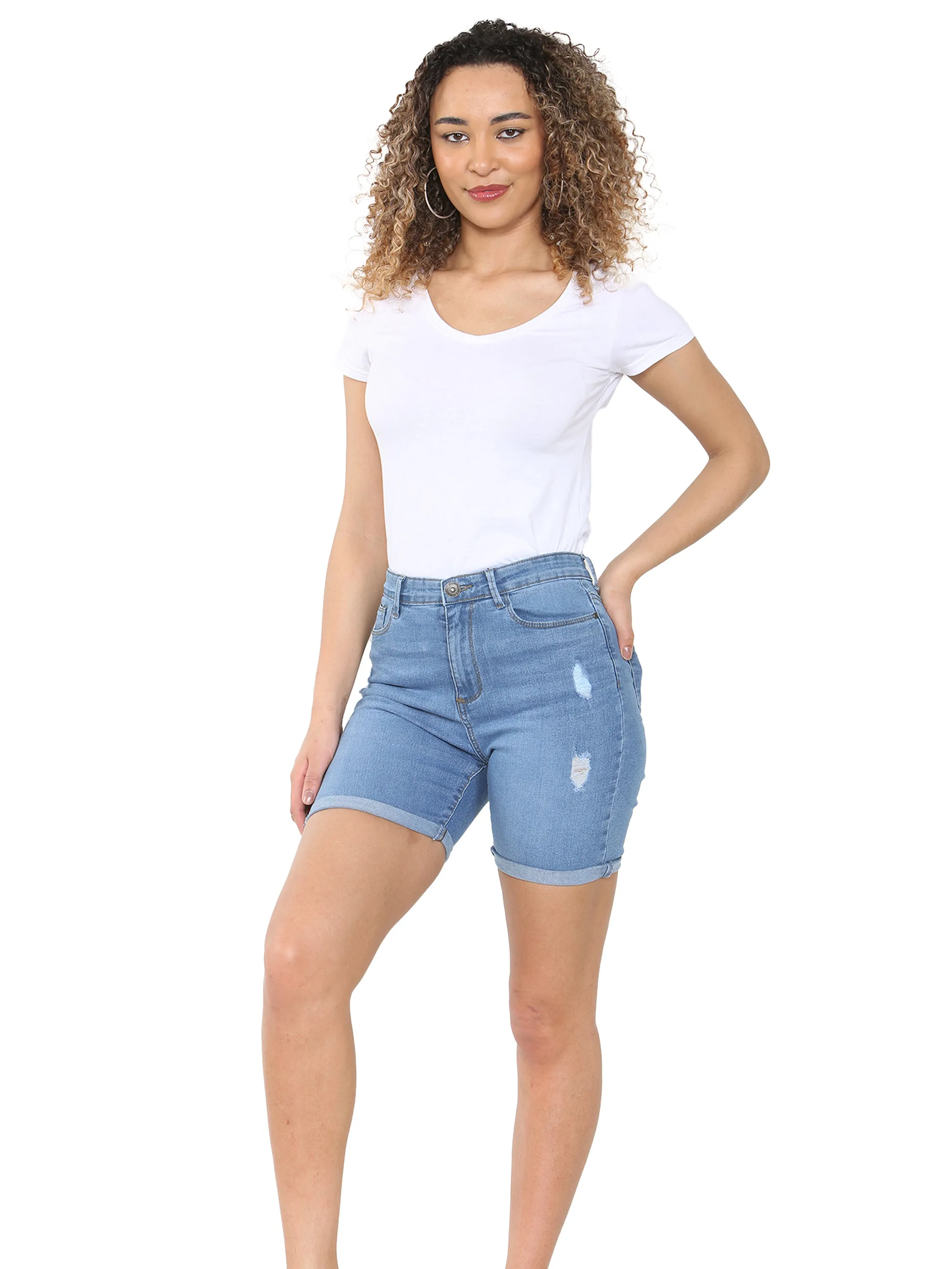 Enzo | Ladies Skinny Stretch Ripped Shorts