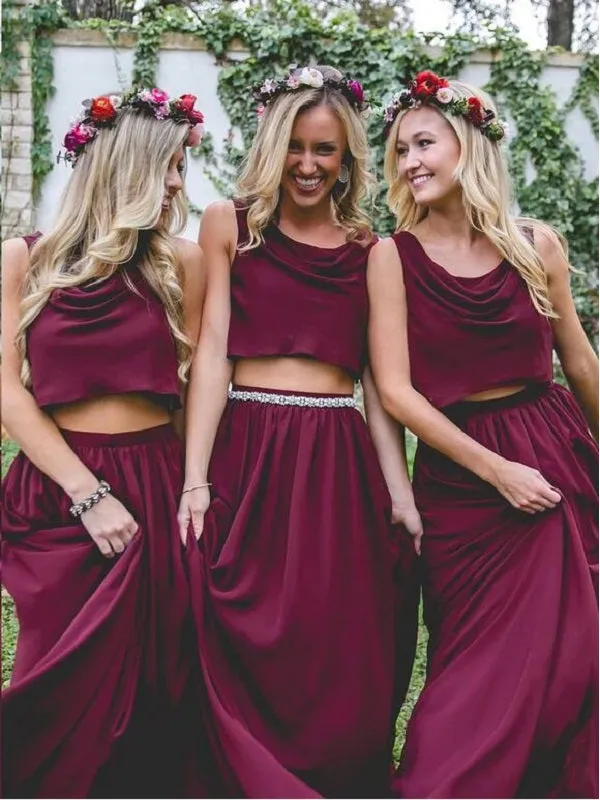 Flowy Boho Burgundy Two Piece Chiffon Bridesmaid Dresses