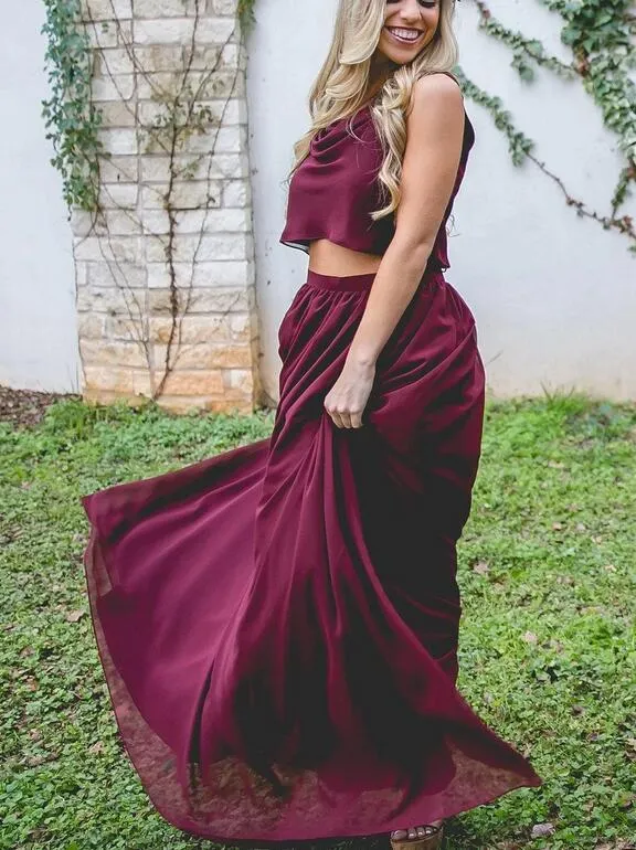 Flowy Boho Burgundy Two Piece Chiffon Bridesmaid Dresses