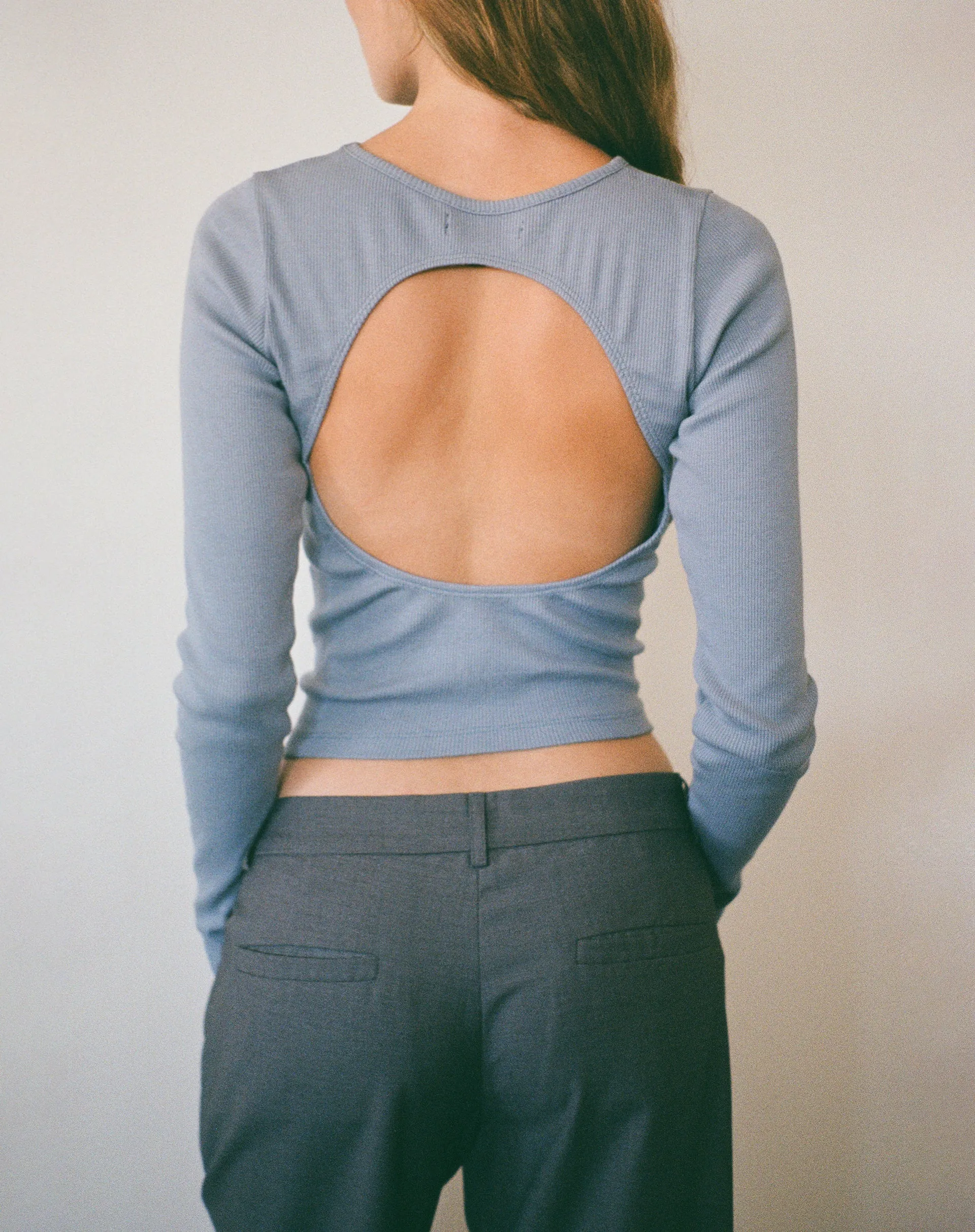 Gelbon Open Back Long Sleeve Top in Rib Powder Blue