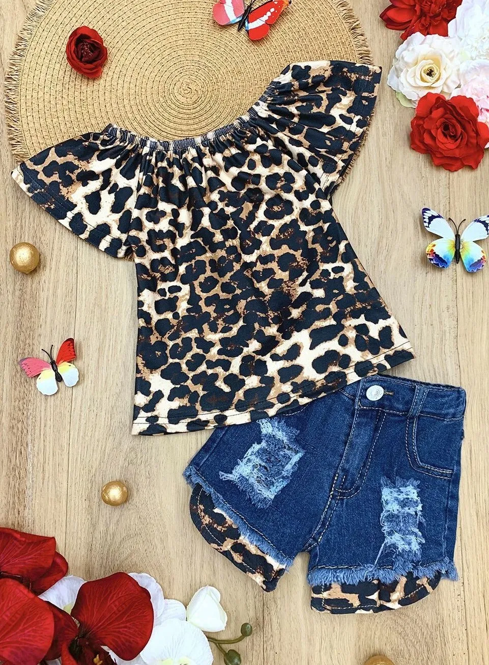 Girls Little Miss Wild Ruffled Top And Ripped Denim Short Set