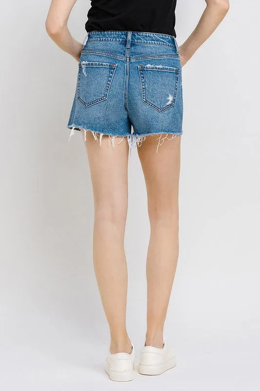 High Rise Distressed Hem A-Line Shorts