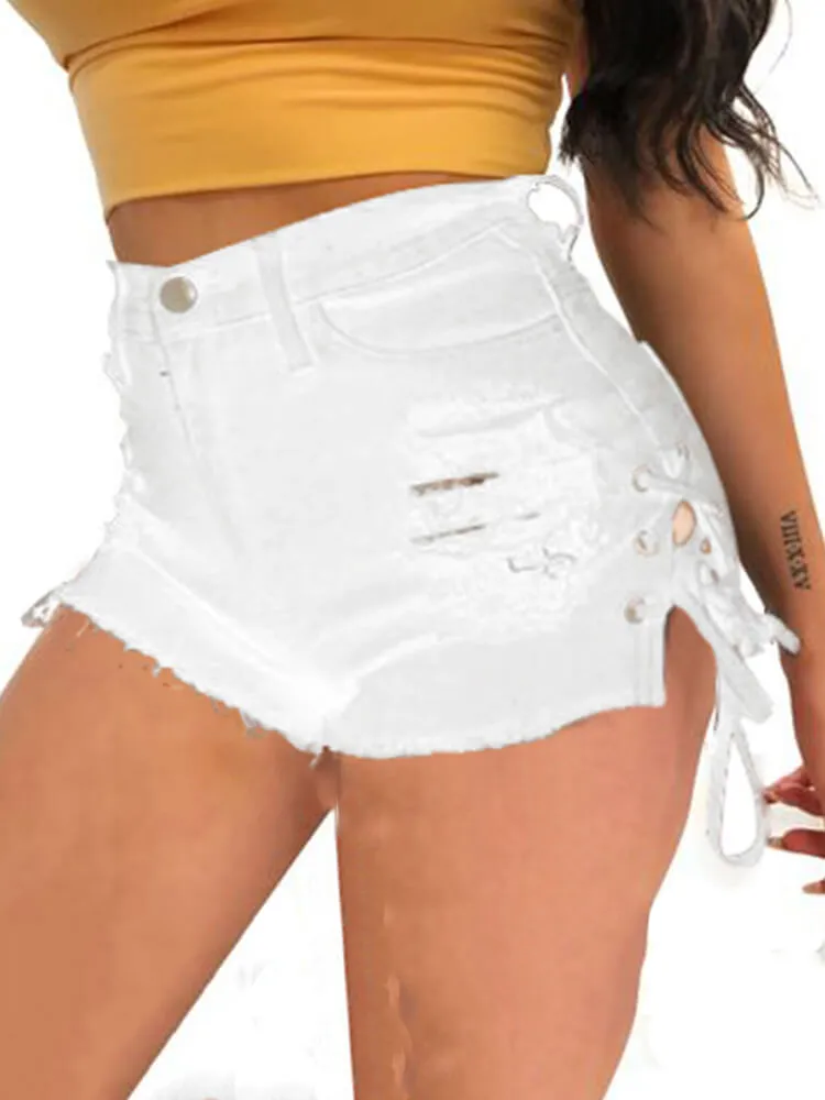 High Waist Ripped Lace Up Tassel Shorts